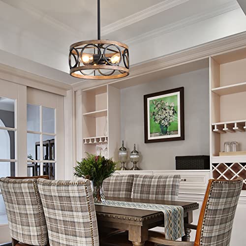 Galtlap Vintage Drum Pendant Lighting Farmhouse Ceiling Kitchen Light Fixtures Rustic Chandeliers For Dining Living Room Entryway Foyer, Black And Wood #TOP6