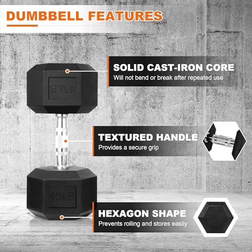 Image of Fitvids Hex Dumbbells Rubber Coated Hand Weights for Exercises and Fitness, 10-50LB Option