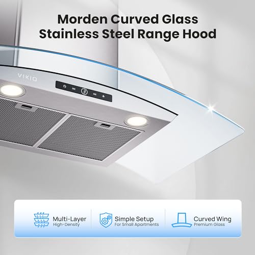 Image of VIKIO HOME 36 Inch Wall Mount Range Hood, 450 CFM Dual Inlet, Curved Glass Kitchen Vent Hood, Ducted /Ductless Convertible, 3-Speed Touch Control, LED Lights, Stainless Steel