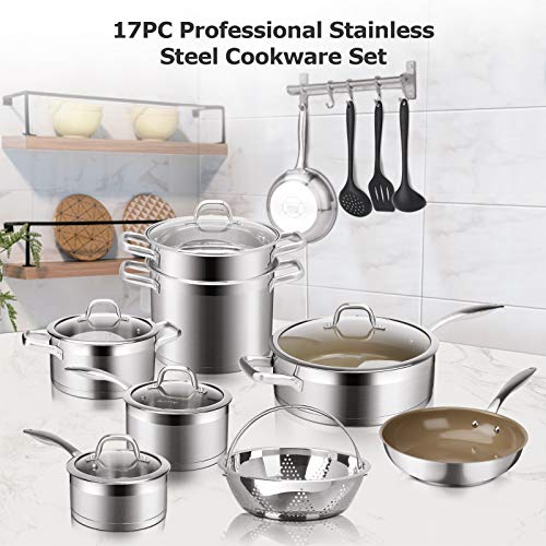 Duxtop 17Pc Professional Stainless Steel Induction Cookware Set, Stainless Steel Ceramic Nonstick Pan Set, Impact-Bonded Technology, Fusion Titanium Reinforced Ceramic Coating, Brown #TOP7