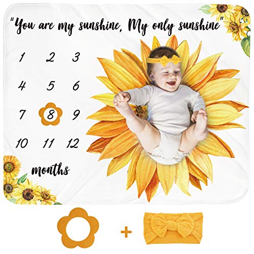 Image of Baby Monthly Milestone Blanket Girl - Sunflower Newborn Month Blanket Personalized Shower Gift Floral Nursery Decor Flower Photography Background Prop with Frame Headband Large 51''x40''