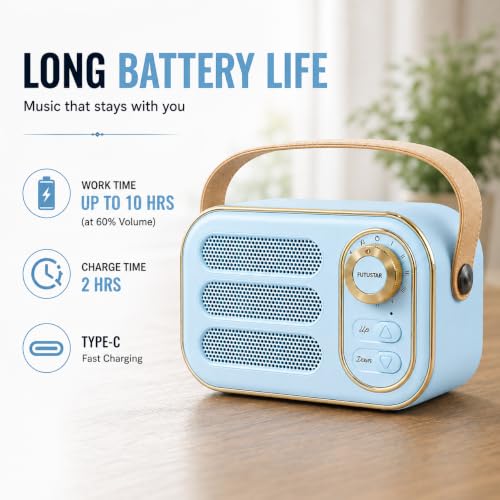 Image of Fire turtle Vintage Bluetooth Wireless Speaker | 10W RMS Loud Sound | Retro Design with Type-C Charging, 8H Battery Backup, USB & AUX Input, Portable Home & Outdoor Speaker (SkyBlue)