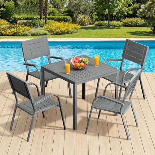 Image of VINGLI Outdoor Patio Dining Set,5 Piece Square Table Patio Furniture Set,HDPE All-Weather Material Outdoor Dining Table and Chair for Garden, Backyard, Poolside,Grey