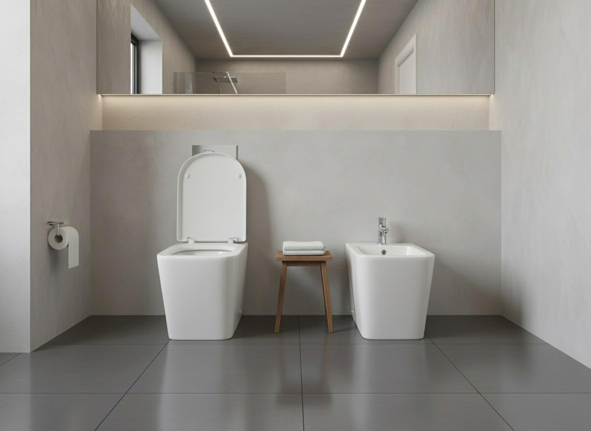 Coppia di Sanitari Modello Edge Rimless - Senza brida - Filo muro a terra bianco con coprivaso soft close, design squadrato