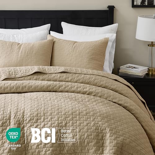 Image of palassio Dark Beige 100% Cotton Quilt King Size Bedding Sets with 2 Pillow Shams, Textured Lightweight Soft Bedspread Shabby Chic Coverlet, Quilted Comforter Bed Cover for All Season, 3 Pieces