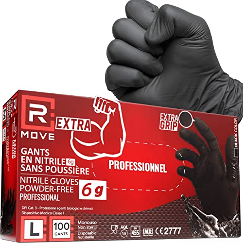 R MOVE 100 gants en nitrile jetables noirs taille L, 6g extra résistants +60% d’épaisseur au niveau des doigts par rapport aux gants 3,5 g, non poudrés, sans latex (L)