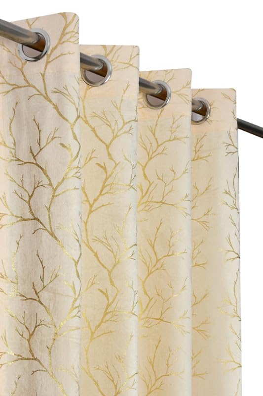 B'Decorlish Premium Soft Foil Print Tree Design Velvet Room Darkening Window Curtains 5 feet Long Set of 2 | Parde for Living Room and Bedroom | Eyelet Rings | Cream Curtain