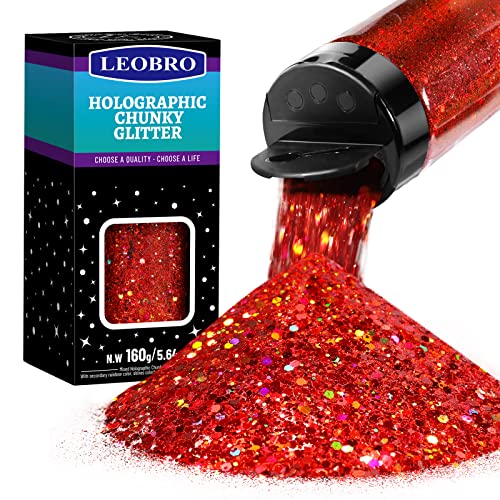 LEOBRO Red Glitter, 160g/5.64oz Holographic Chunky Glitter for Crafts, Resin, Nail Body, Tumblers, Party Decorations