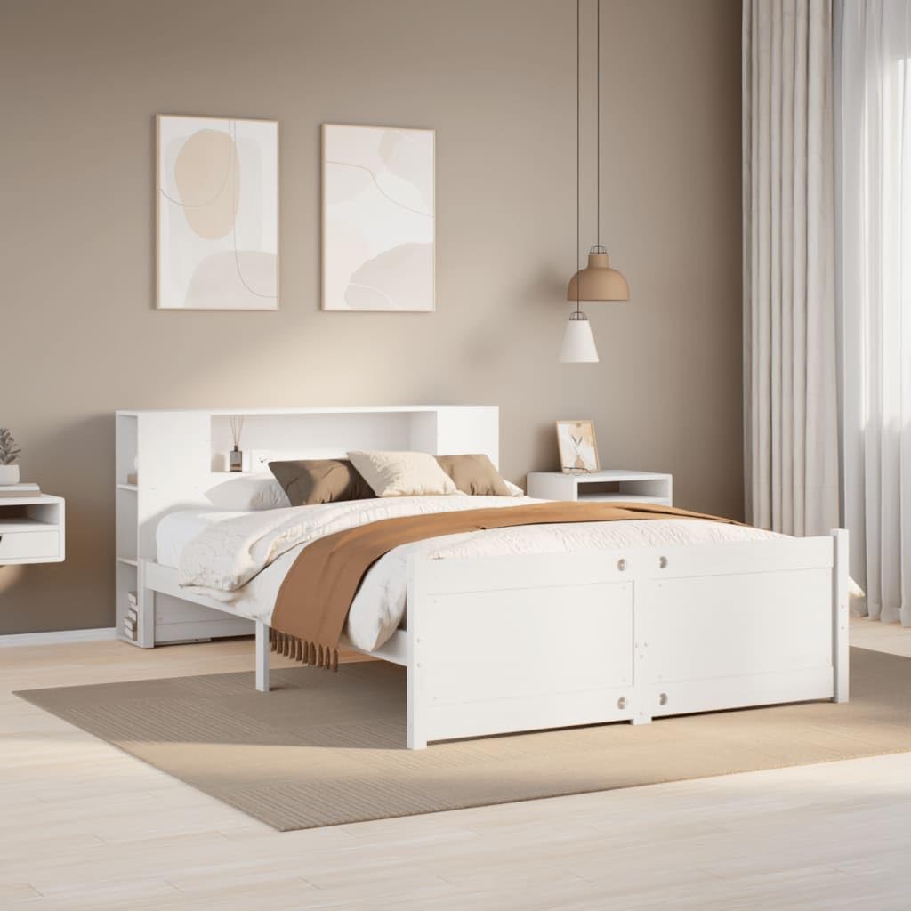 Cama de Madera Maciza Blanca con estantería y Soporte de láminas para colchón de 135x190 cm Ideal para dormitorios Juveniles y Adultos con Amplio almacenaje y diseño Funcional