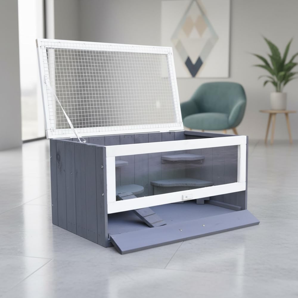 Melko Nagerkäfig aus Holz Grau/Weiß 60 x 35 x 30 cm – Kleintierstall mit Plexiglasfront & Gitterdeckel, inkl. Haus und Trinkflaschenhalter – Hamsterkäfig, Mäusekäfig, Kleintierhaus