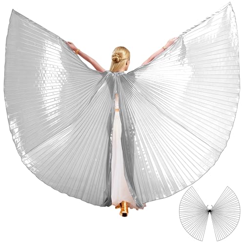 MUNAFIE Unisex Isis Flügel für Erwachsene Bauchtanz Flügel Umhang mit Stöcke Halloween Bauchtanz Kostüm Damen für Karneval Cosplay Tanzen Silber
