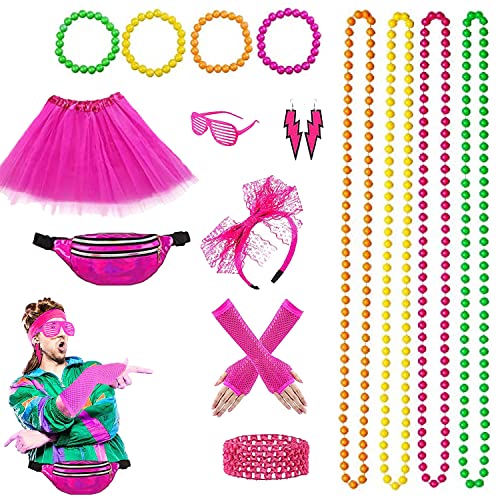 DASIAUTOEM Déguisement Année 80 Accessoire Femme Fluo, Halloween Accessoire, Neon Jupe Filet, Sac Banane, Lunettes, Bandeau Noeud, Colliers, Gants, Boucles d'oreilles, Année 80s Disco Costume Cover