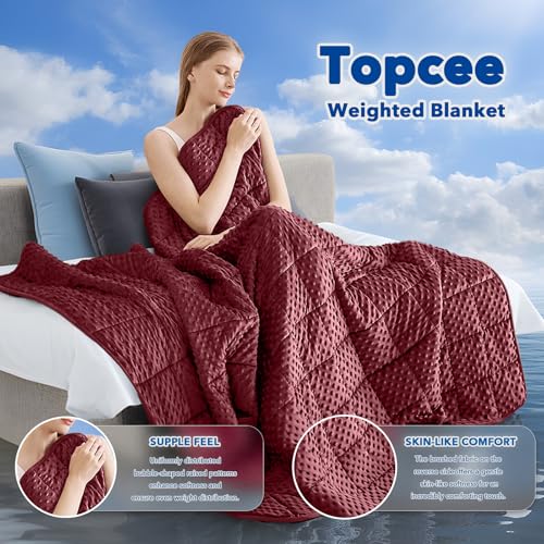 Topcee Weighted Blanket for Adults (20lbs 60"x80"), Minky Dots Heavy Blanket for Woman, Man Sleeping, Soft, Cozy and Cooling Weighted Throw Blankets, Machine Washable, Burgundy