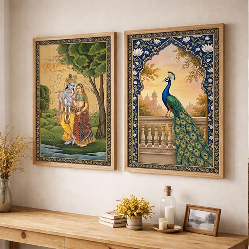Image of Suneree Radha Krishna Miniature Painting with Peacock Wall Art | Set of 2 Framed Paintings | Traditional Mughal Indian Decor for Living Room Bedroom | (ART 4, 10x13 INCHES)