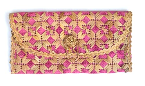 Bolsa clutch de Mão, Estrelas - Bordada a mão com junco e juta, bolsa Artesanal do Brasil, Bolsa Estética Hippie, Moda Artesanal (rosa)