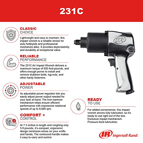 Ingersoll Rand 231-C 1/2” Drive Air Impact Wrench – Lightweight, Max 600 ft-lbs Torque Output, Adjustable Power, Twin Hammer, Silver