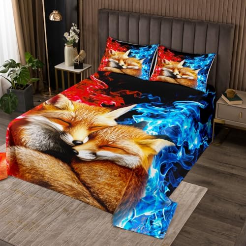 Erosebridal Cute Fox Bedspread Wild Animals Coverlet for Boys,Abstract Art Smoking Quilt Set,Red Blue Bed Set King Size for Kids Children Teens Home Decor