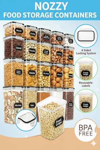 Nozzy 24-Piece Airtight Food Storage Container Set, BPA-Free Plastic Containers with Labels, Large Capacity for Kitchen Organisation, Pantry Storage, Cereal, Flour, Sugar, Black - Image 3
