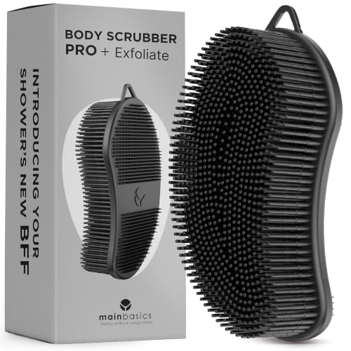 Image of MainBasics Exfoliating Silicone Body Scrubber Pro 2-in-1 Shower Scrubber for Body, Silicone Loofah and Body Exfoliator (Black, Body + Exfoliate)
