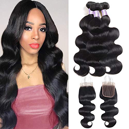 Allove Hair Malaysian Body Wave 3 Bundles with Closure (18 20 22+16) 8A 100% Unprocessed Virgin Hair Extensions Weaves Human Hair Bundles with 4X4 Lace Closure Free Part with Baby Hair Natural Black