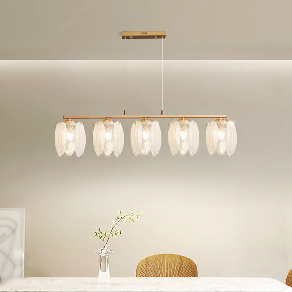 Lustre en verre français de 100 cm avec abat-jour en plumes et métal antirouille
