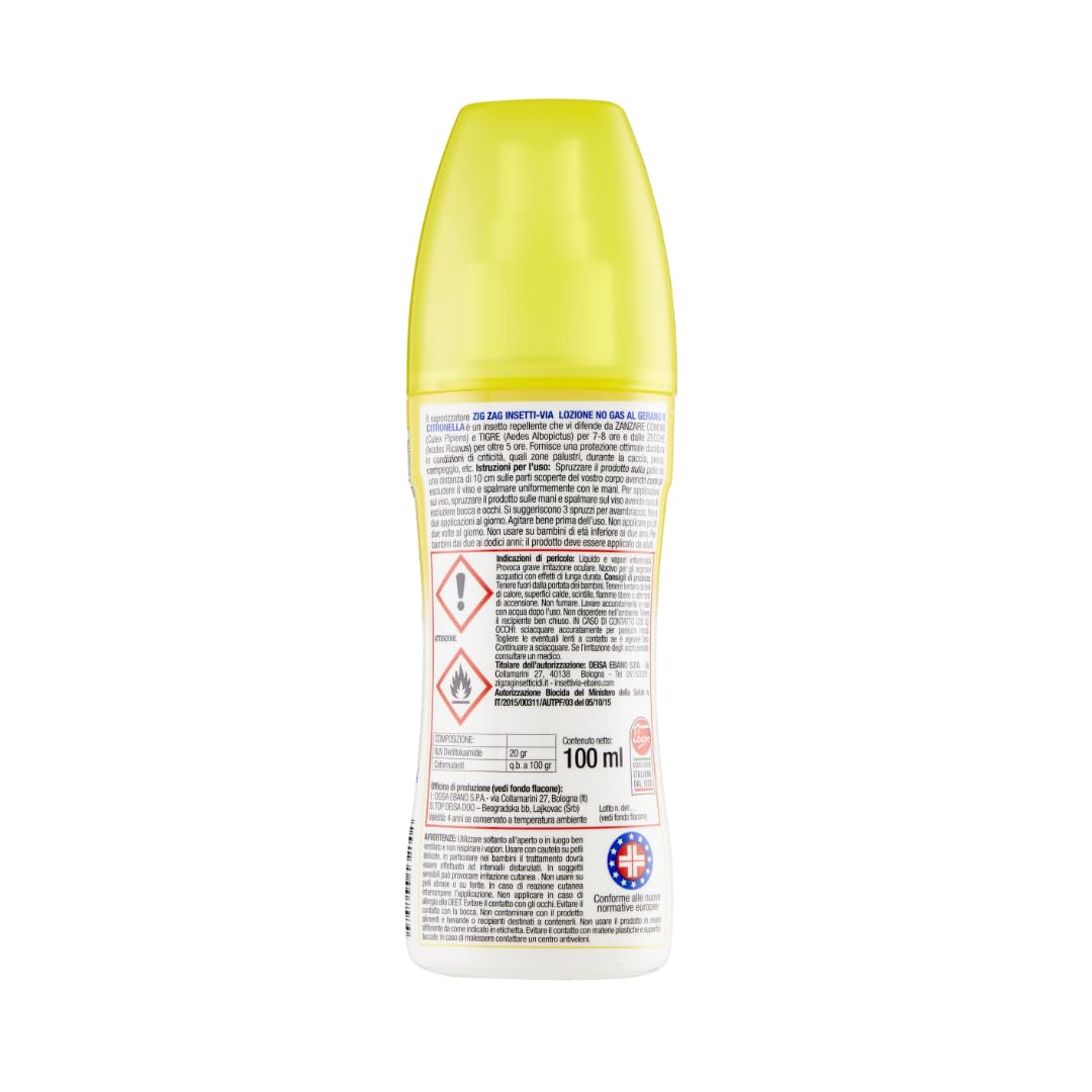 ZIG-ZAG antizanzare corpo, Lozione repellente per zanzare, Profumo geranio e citronella, 100 ml