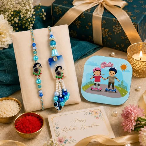 Image of CraftVatika Evil Eye Peacock Rakhi Set for Brother and Bhabhi, Designer Rakhi Set for Bhaiya Bhabhi Bro Sister, Lumba for Bhabhi, with Fridge Magnet Gift, Best Wishes Greeting Card, Tilak