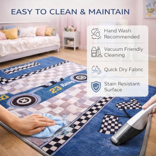 Image of Matz&More Kids Play Area Rug | 100x150 cm | Blue Grey Tiny Racer Checkered Design | Soft Nylon Loop Pile Carpet with Anti-Slip Backing | Children's Play, Bed & Classroom Floorings