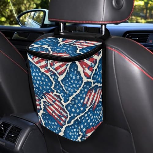 Image of Talayituse Vintage American Flag Paper Print Car Trash Bin, Large Size Auto Trash Can Adjustable Portable Garbage Can with Lid, Vehicle Hanging Bag for Headrest Front Back Seat 4th of July Decor