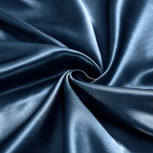 Image of Ersmak 7 Pieces Satin Sheets Set King Size, Luxury Silky Navy Blue Satin Bed Sheets Set with 1 Deep Pocket Fitted Sheet, 1 Soft Flat Sheet, 4 King Pillowcases and 1 Body Pillowcase