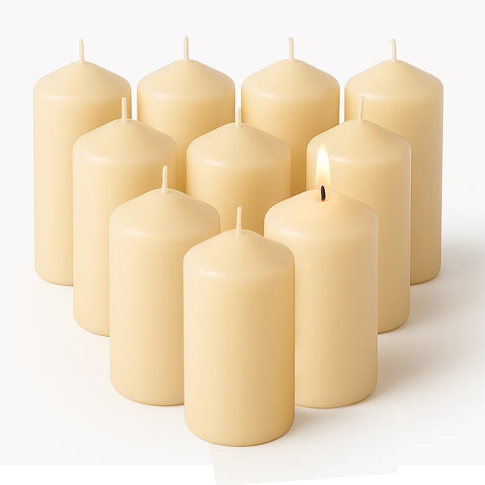 Concept4u 10 x Cream Pillar Candles 40 x 90mm Upto 9 Hour Burn Time Long Lasting Unscented Pure Paraffin Wax Candles Ideal for Candlelight Dinner Parties Home Decor