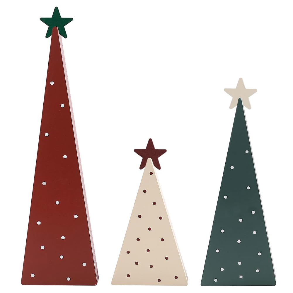 Mioyoow Christmas Tree Decor, 3Pcs Wooden Tabletop Trees Sign With Removable Star Xmas Table Decoration For Farmhouse Fireplace Home Holiday Party Decor
