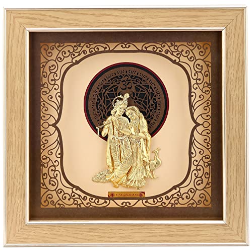 Image of Pk & Pk Jewellers Lord Radha Krishna with Peacock | 24KT Gold Frame | Solid Square Collection | Medium Size [26x26 cm] (For Premium Gift, Temple, Table Decor, Home Decoration)