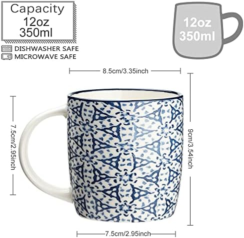 Set of 4 12 oz Coffee Mugs with Blue and White Geometric Patterns, Ceramic Tea Cup Set, Gift for Friends (Set 1)