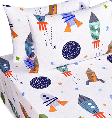 Image of Scientific Sleep Outer Space Airship Rocket Star Explore Teen Boys Girls Cotton Cotton Full Bed Sheet Set, Flat Sheet & Fitted Sheet & Pillowcase Bedding Set (Space, Full)