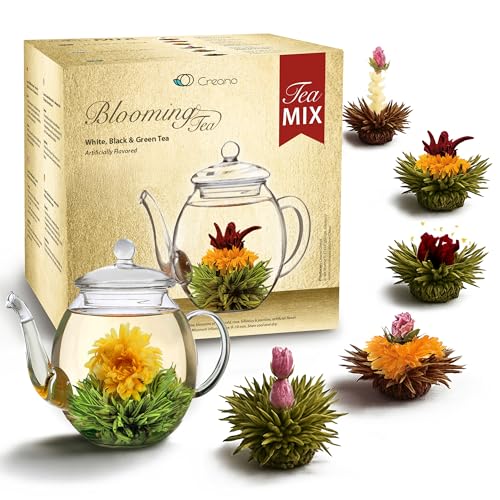 Creano Coffret Cadeau d'Or Fleurs de Thé Mix 6 pcs – Théière en Verre 500ml sans goutte – Thé Blanc, Vert & Noir – Idée Cadeau Femme, Maman, Anniversaire