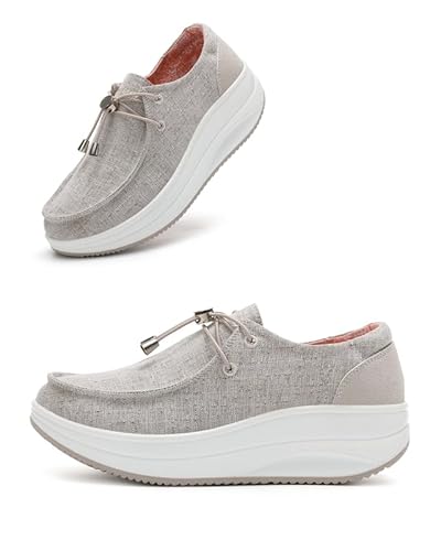 Oude Women’s Orthopedic Platform Loafers – 2 Inch Rocker Sole Boat Shoes with Arch Support, Comfortable Slip-Ons for Walking, Work, Nurses, Standing All Day Beige 7