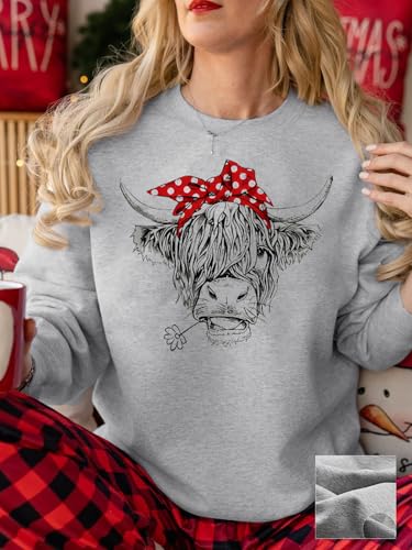 Women Highland Cow Sweatshirt Cute Cowgirl Gift Christmas Farm Sweatshirt Ribbon Long Sleeve Shirts
