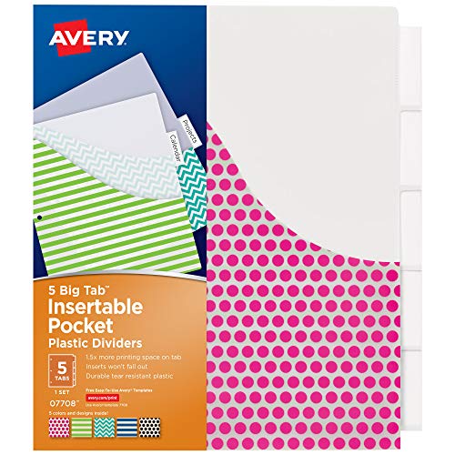 Avery 5-Tab Plastic Binder Dividers with Pockets, Insertable Clear Big Tabs, Assorted Designs, 1 Set (7708)