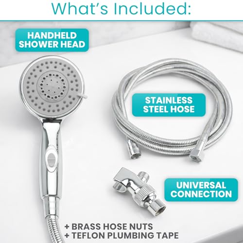 Vive Hand Held Shower Head with Long Hose - Detachable 2 in 1 Universal High Pressure Handheld Adapter - Chrome Finish with Large Waterfall Rainfall (‎Chrome)