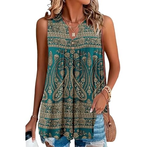 KISSMODA Summer Tank Tops Women Notched Round Neck Tunics Flattering Printed Henley Shirts Medium Cover