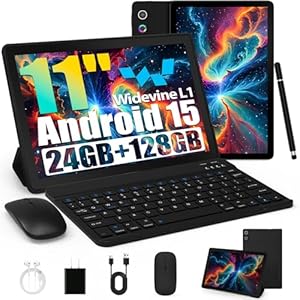 Laptok Tablet, Android Tablet 11 Zoll mit 24GB RAM + 128GB ROM (1TB TF), Octa-Core, Widevine L1, WiFi 6 & BT 5.3, 6800mAh Akku, Dual Kamera – Tablet mit Tastatur, Maus, Stift & Hülle