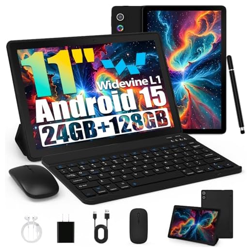 Laptok Tablet, Android Tablet 11 Zoll mit 24GB RAM + 128GB ROM (1TB TF), Octa-Core, Widevine L1, WiFi 6 & BT 5.3, 6800mAh Akku, Dual Kamera – Tablet mit Tastatur, Maus, Stift & Hülle