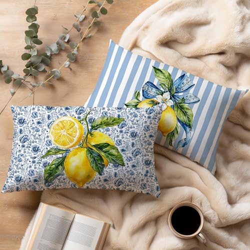 Image of Blue and Yellow Summer Italian Mediterranean Amalfi Coast Lemon Pillow Cover Decor 12x20, Striped Italian Decorative Throw Pillow Cover Decor for Couch Double-Sided Set of 2