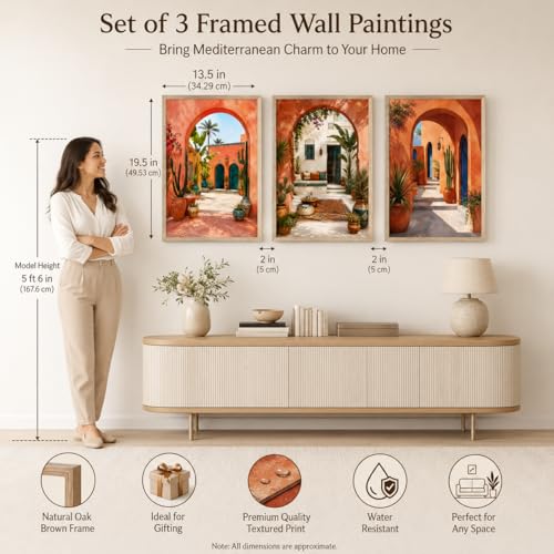 Image of Livin'luxe Set of 3 Mediterranean Arch Courtyard Wall Paintings for Living Room Bedroom Hallway Decor with Premium Wooden Color Synthetic Frame (13.5 x 19.5 Inch) NM03-99