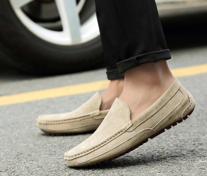 Men's Handmade Suede Slip-On Loafers Fashionable Round Wide Toe Non-Slip Casual Formal Boat Shoes Work Driving Casual Penny Loafers for Men4
