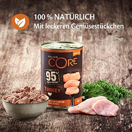 Wellness CORE 95% 6 x 400g, Truthahn & Grünkohl – Hundefutter Nass, stückige Pastete für ausgewachsene Hunde, getreidefrei, natürlich, hypoallergen, proteinreich, hoher Fleischanteil