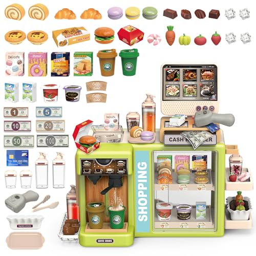 deAO 2-in-1 Pretend Play Coffee Shop Supermarket Toy Green Shopping Store