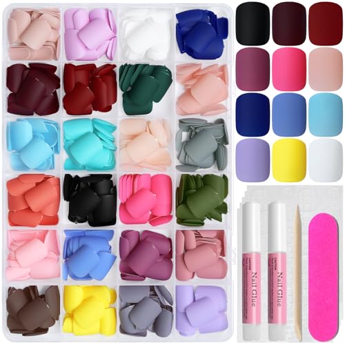 AddFavor Press on Nails Short Square Fake Nails, 576pcs 24 Colors...