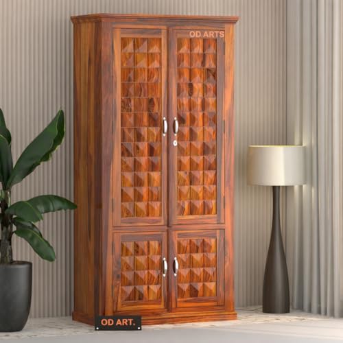 Image of Diamond Solid Sheesham Wood Wardrobe for Bedroom Modular Wooden Wardrobe Space Saving with 2 Door & 2 Drawer /Storage Rack Clothes Almirah Cupboard for Bedroom (Honey Finish)